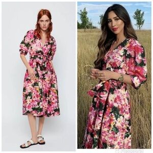 ZARA NEW PINK FLORAL PRINT MIDI DRESS WITH BELT